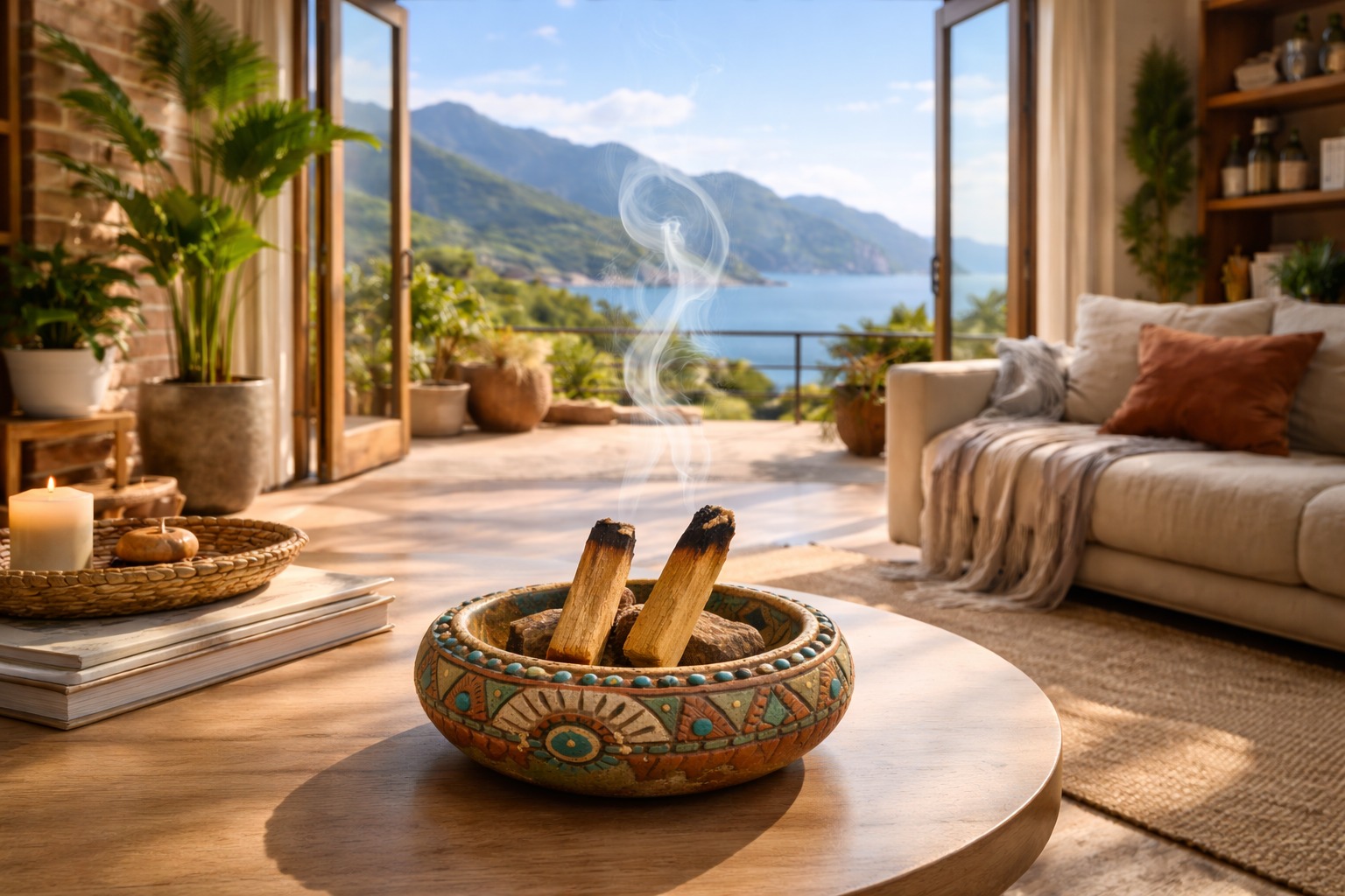 Espacio sagrado con palo santo y vista al mar